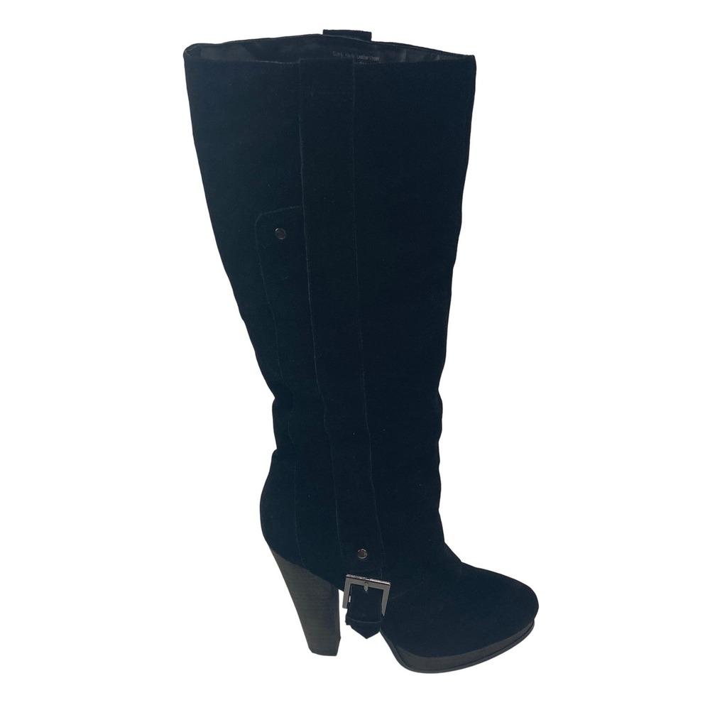 Steve Madden Kaylia Black Suede Knee High Platform Chunky Heel Boots Buckle Sz 8